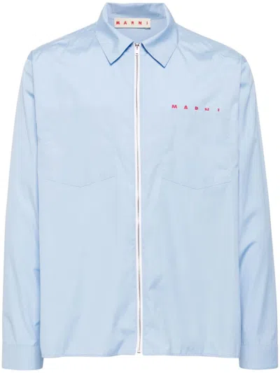 Marni Light Blue Organic Poplin Zip-up Shirt