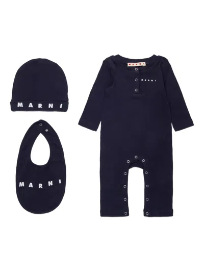 Marni Logo-print Babygrow Set (three Piece Set) In Blue