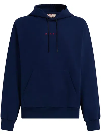 Marni Front Logo Hoodie With Adjustable Drawstring And Kangaroo Pocket In Blue