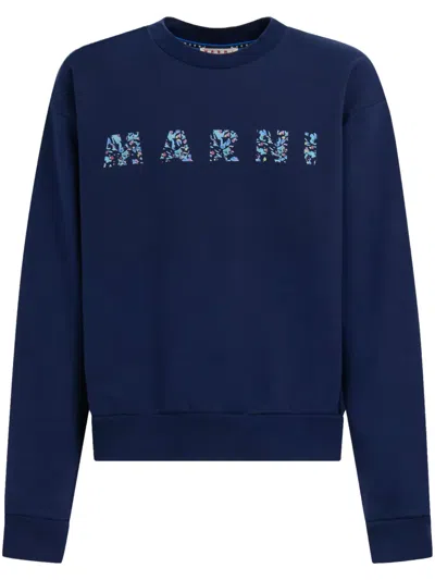 Marni Floral Logo Print Cotton Sweatshirt In Blue