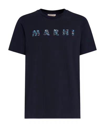 Marni Floral Logo Print Cotton Jersey T-shirt In Blue