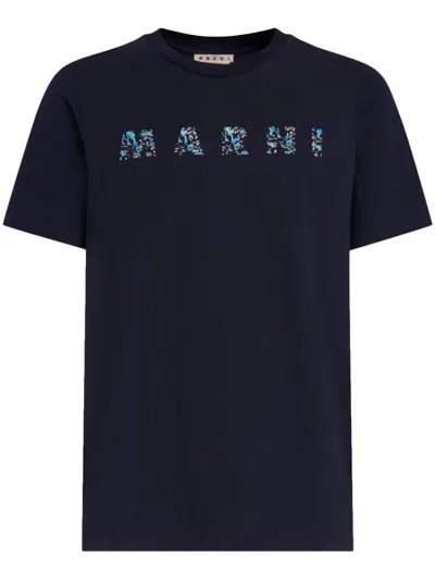Marni Floral Logo Print Cotton Jersey T-shirt In Blue