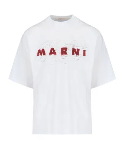 MARNI WHITE ORGANIC COTTON T-SHIRT WITH WRINKLED MARNI LOGO
