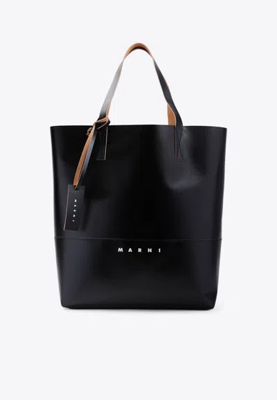 Marni Logo Print Cow Leather Tote Bag In Black