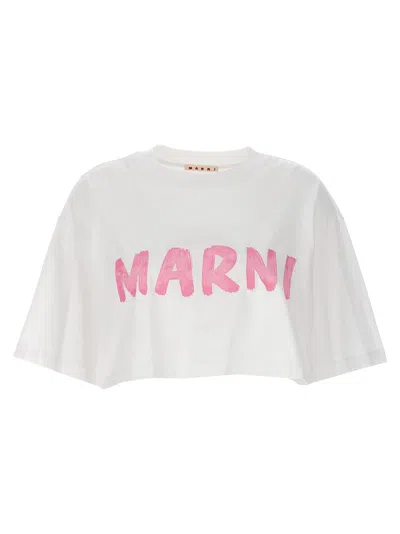 Marni Logo Print Cropped T-shirt In White