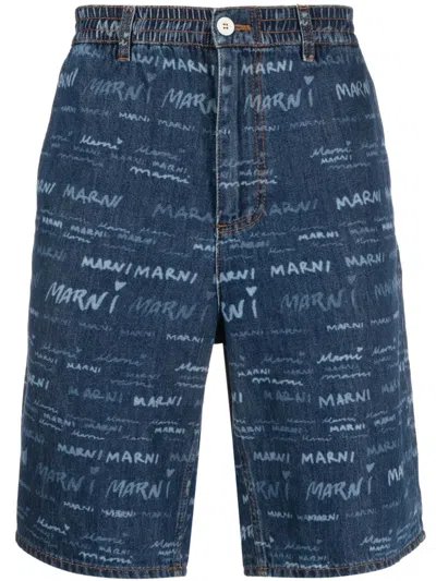 Marni Blue Logo Print Denim Drawstring Shorts