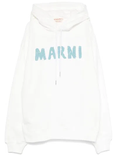 Marni Logo Printed Drawstring Hoodie In White