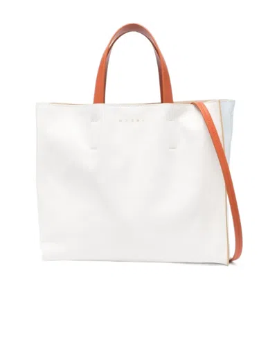 Marni Logo Print Leather Shoulder Bag In White