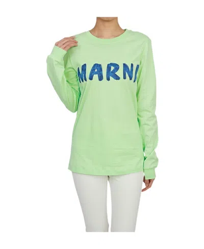 Marni Logo Print Long Sleeve T-shirt In Green