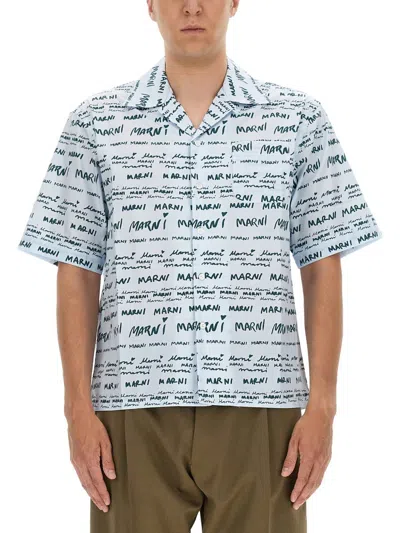 Marni Logo Print Shirt In Azure