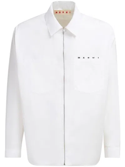 Marni Logo-print Zip-up Cotton Shirt In White