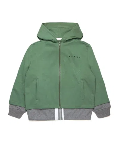 Marni Kids' Logo-print Zip-up Hoodie In Green