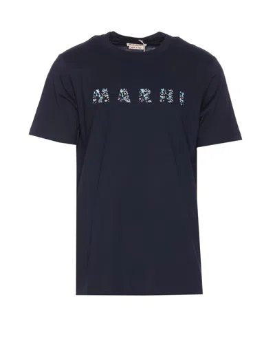 Marni Logo Printed Crewneck T-shirt In Blue
