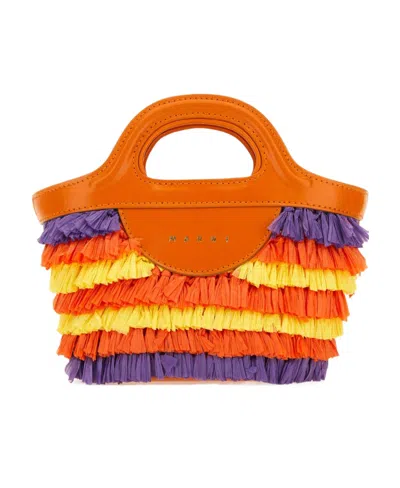Marni Logo Printed Fringe-detailed Tote Bag In Orange