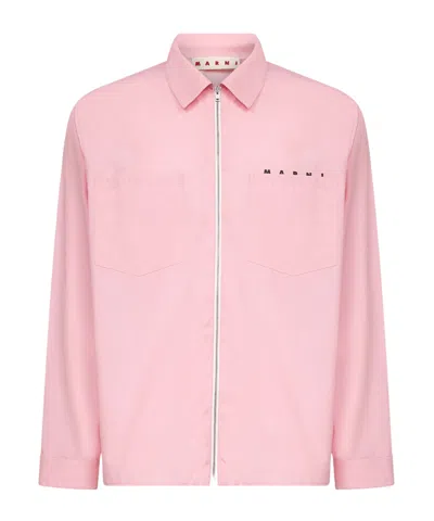 Marni Logo-printed Long-sleeved Zipped Shirt In Pink