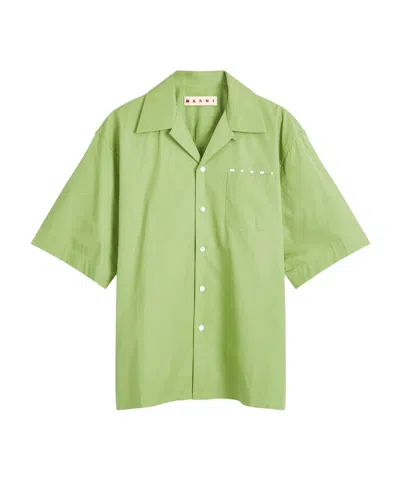 Marni Logo Printed Poplin Bowling Shirt In Green