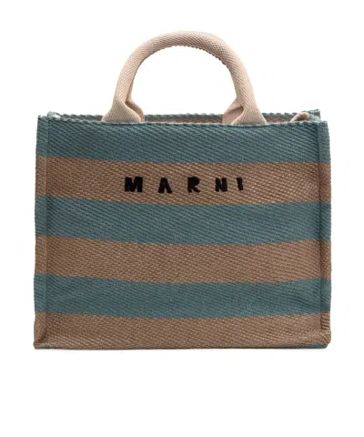 Marni Logo Printed Striped Tote Bag In Green