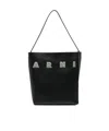Marni Black White Leather Museo Hobo Bag With Patches In Black