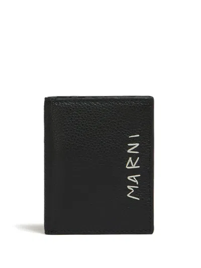 Marni Logo-stitch Bi-fold Leather Wallet In Black
