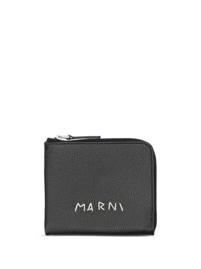 Marni Logo-stitch Zipped Leather Wallet In 黑色