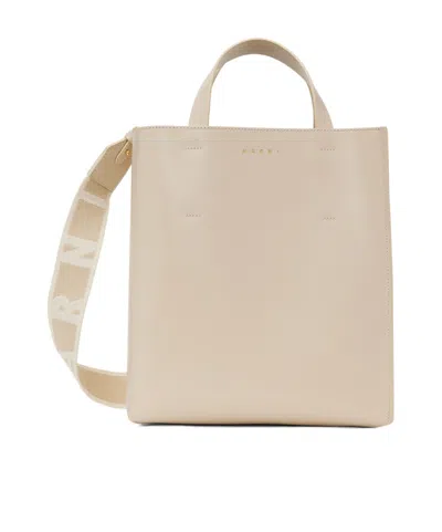 Marni Logo-strap Leather Tote Bag In Nude