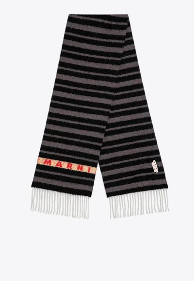 Marni Logo Striped Alpaca-blend Scarf In Black