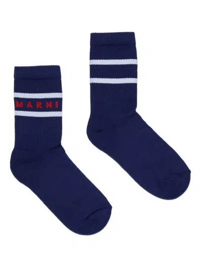 Marni Kids' Logo-striped Socks In Blue