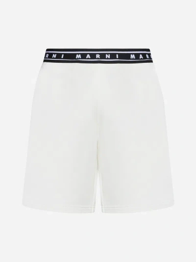 Marni Logo-tape Cotton Shorts In Natural White