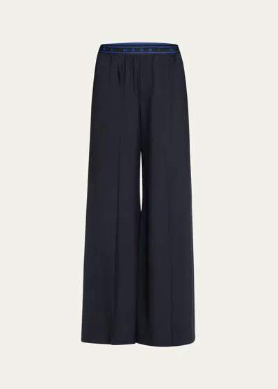 Marni Logo Waist Wool Palazzo Trousers In Blue