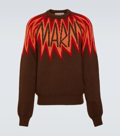 Marni Logo Wool Jacquard Sweater In Brown
