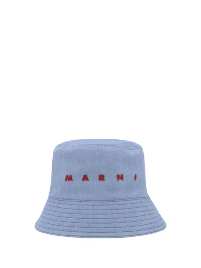 Marni Monogrammed Cotton Bucket Hat In Iris Blue