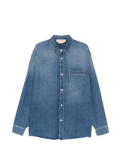 Marni Logo-embroidered Chest-pocket Shirt Jacket In Blue