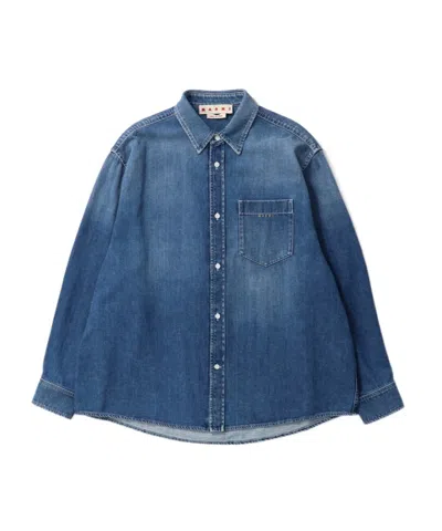 Marni Logo-embroidered Chest-pocket Shirt Jacket In Blue