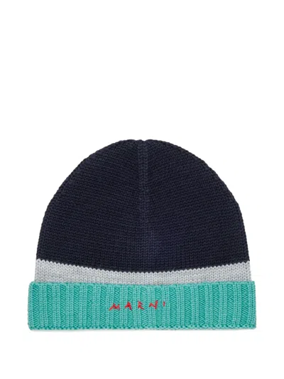 Marni Kids' Logo-embroidered Colour-block Beanie Hat In Blue