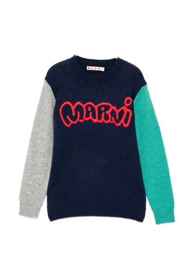 Marni Kids' Logo-embroidered Colour-block Sweater In Blue