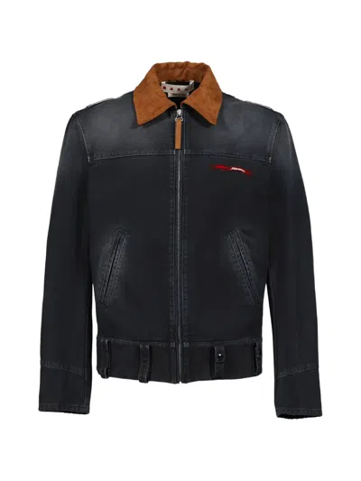 Marni Canvas Jacket Adjustable Hem Contrast Collar Side Pockets In Black