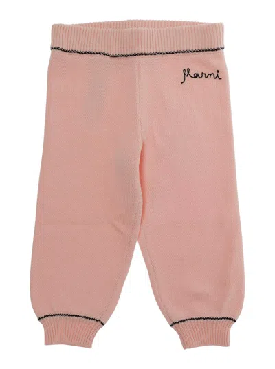 Marni Kids Mini Unisex Baby Cotton Pants With Ribbed Waist And Logo Embroidery In Pink
