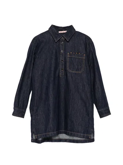 Marni Kids' Logo-embroidered Denim Dress In Blue