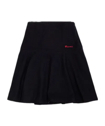 Marni Logo-embroidered Pleated Skirt In Black