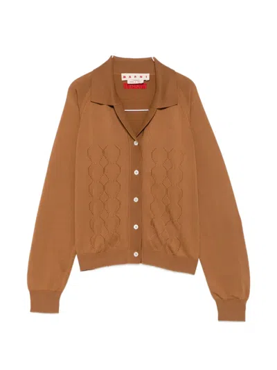 Marni Logo-embroidered Pointelle-knit Cardigan In Brown