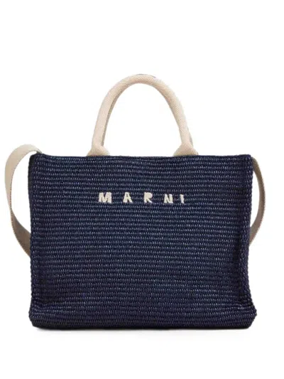 Marni Logo-embroidered Raffia Tote Bag In Blue