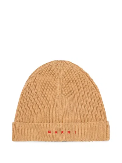 Marni Kids' Logo-embroidered Ribbed Beanie Hat In Brown