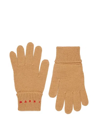 Marni Kids' Logo-embroidered Ribbed Gloves In Brown