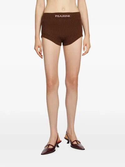 Marni Logo-embroidered Ribbed Mini Shorts In Brown