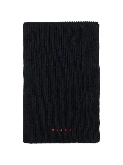 Marni Kids' Logo-embroidered Ribbed Scarf In Black