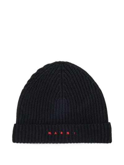 Marni Kids' Logo-embroidered Ribbed-knit Beanie Hat In Black