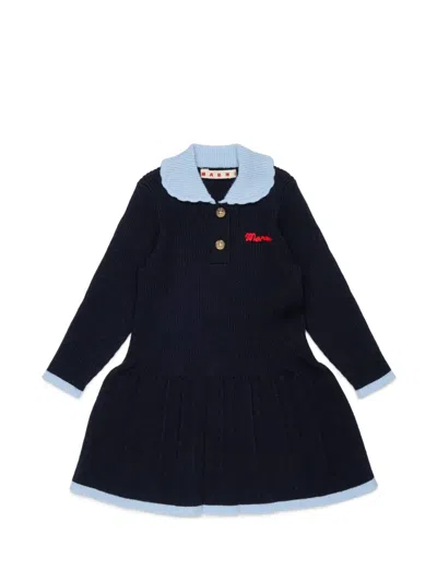 Marni Babies' Logo-embroidered Ribbed-knit Dress In Blue