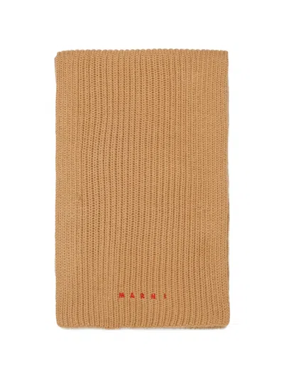 Marni Kids' Logo-embroidered Ribbed-knit Scarf In Brown