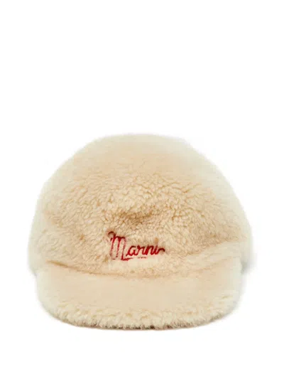 Pre-owned Marni Logo-embroidered Shearling Baseball Cap In Neutral