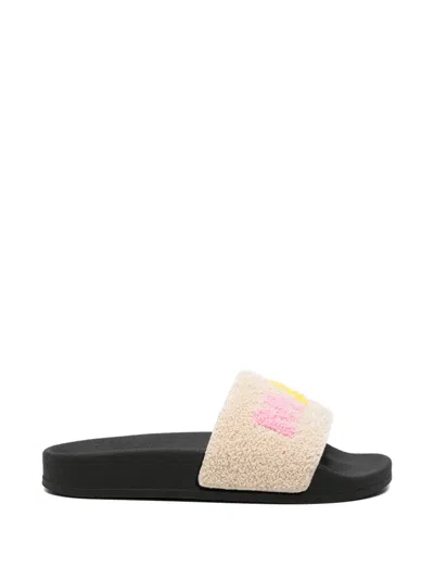 Marni Kids' Logo-embroidered Shearling-texture Slides In Multi